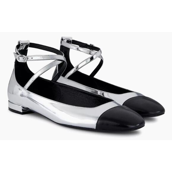 NIB Stuart Weitzman Silver and Black Leather Eden Cross Strap Ballet Flats US 8 - Picture 1 of 9